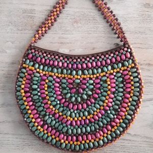 Vintage boho 70s wood beaded bag